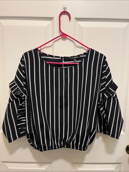 La Chance Tops - La Chance Black & White Vertical Stripe Ruffle Sleeve Blouse